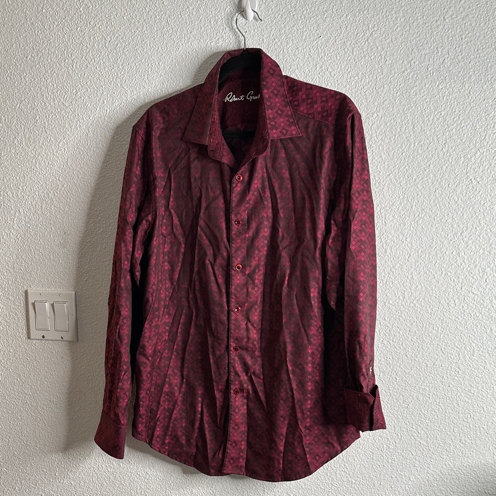 Robert Graham Men's Burgundy cotton Patterned Shirt embroidered calf size L
